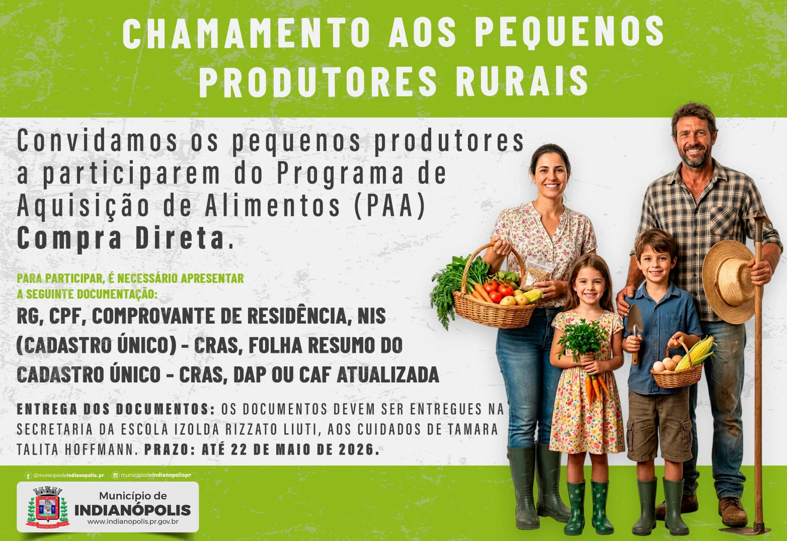 Indianópolis abre inscrições para pequenos produtores no PAA Compra Direta