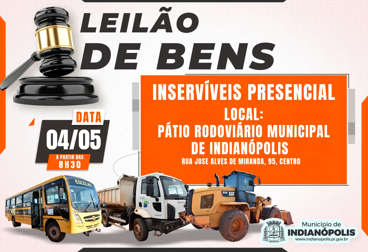 Indianópolis realizará leilão presencial de veículos e maquinários no dia 4 de maio